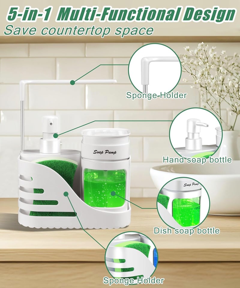 Eavida Kitchen Soap Dispenser Set, 4-in-1 Dual Hand and Dish Soap Dispenser with Sponge Holder and Dishcloth Holder for Kitchen Sink (White) - Image 5